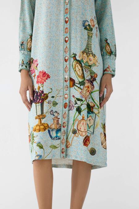 Buy_Studio Rigu_Blue Viscose, Linen Collared Faberge Printed Shirt Dress _Online_at_Aza_Fashions