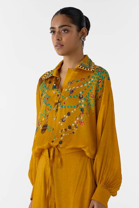 Studio Rigu_Mustard Vegan Silk Embroidery Collared Maharani Shirt And Pant Set _Online_at_Aza_Fashions