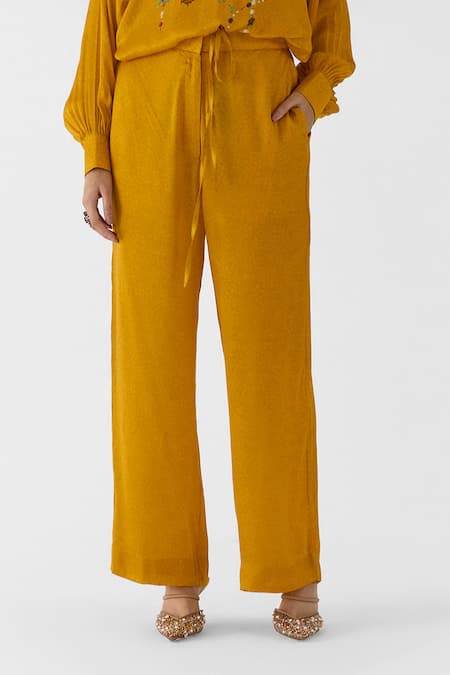 Buy_Studio Rigu_Mustard Vegan Silk Embroidery Collared Maharani Shirt And Pant Set _Online_at_Aza_Fashions