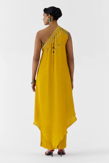 Studio Rigu Mustard Maharani One Shoulder Kurta & Pant Set 