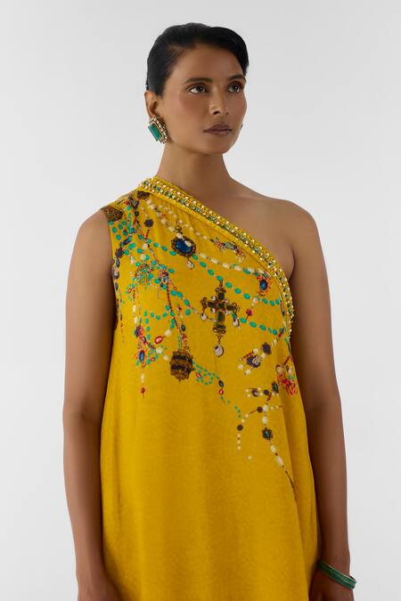Buy_Studio Rigu_Mustard Vegan Silk Embroidery, Lace, Beads One Maharani Kurta And Pant Set _Online_at_Aza_Fashions