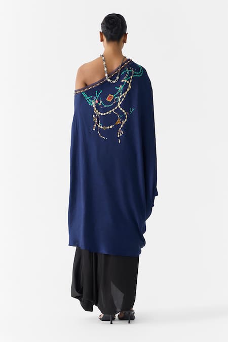 Studio Rigu_Navy Vegan Silk Embroidery, Beads One Shoulder Maharani Draped Dress And Skirt Set _Online_at_Aza_Fashions