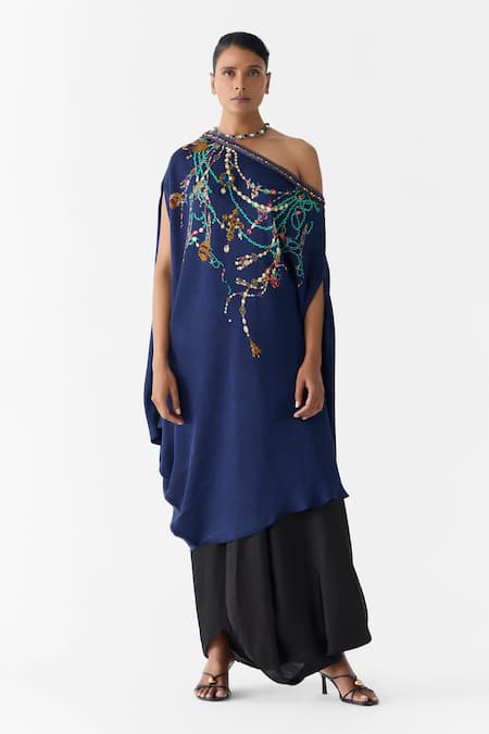 Buy_Studio Rigu_Navy Vegan Silk Embroidery, Beads One Shoulder Maharani Draped Dress And Skirt Set _Online_at_Aza_Fashions