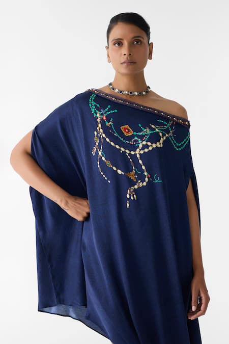 Shop_Studio Rigu_Navy Vegan Silk Embroidery, Beads One Shoulder Maharani Draped Dress And Skirt Set _Online_at_Aza_Fashions