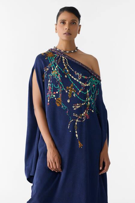 Studio Rigu_Navy Vegan Silk Embroidery, Beads One Shoulder Maharani Draped Dress And Skirt Set _at_Aza_Fashions