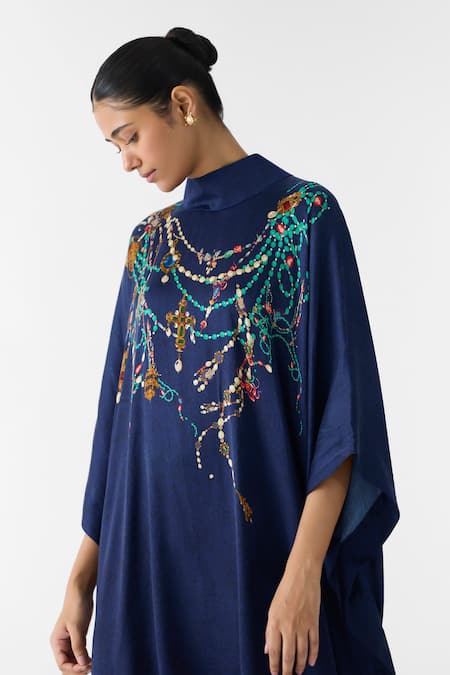 Studio Rigu_Navy Vegan Silk Collared Maharani Round Kimono Dress _Online_at_Aza_Fashions