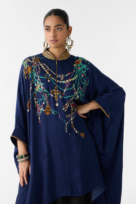 Studio Rigu_Navy Vegan Silk Maharni Kimono And Knot Skirt Set _Online_at_Aza_Fashions