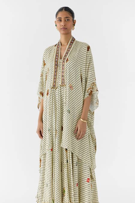 Studio Rigu_White Vegan Silk V-neck Pearl Polka Dot Strappy Dress And Cape Set _Online_at_Aza_Fashions