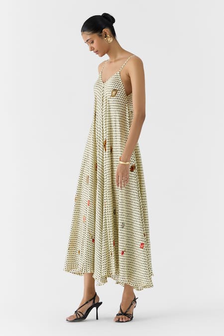 Buy_Studio Rigu_White Vegan Silk V-neck Pearl Polka Dot Strappy Dress And Cape Set _Online_at_Aza_Fashions