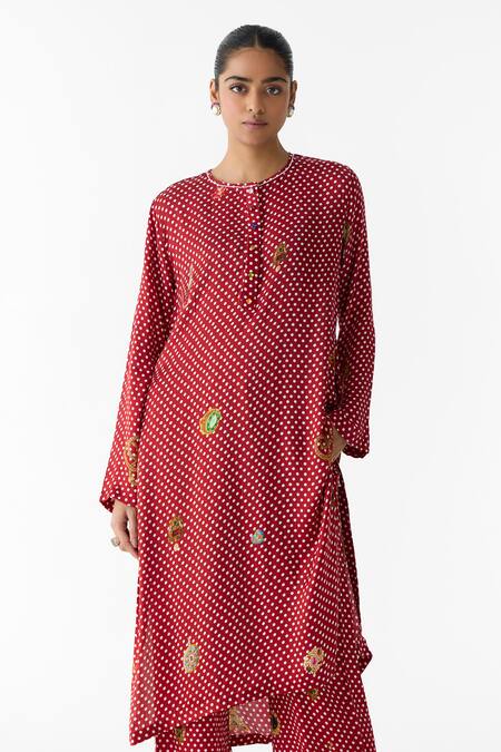 Studio Rigu_Maroon Vegan Silk Stones, Beads, Quartz Polka Dot Straight Kurta And Pant Set _Online_at_Aza_Fashions