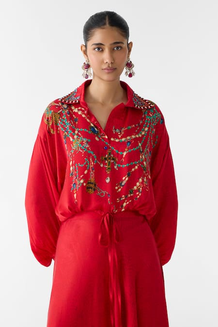 Buy_Studio Rigu_Red Vegan Silk Embroidery, Stones, Tassels Maharani Printed Crop Top And Skirt Set _Online_at_Aza_Fashions