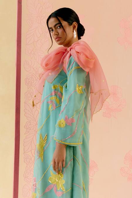 I Am Design_Mint Silk Organza Applique, Embroidery Round Neck Suit Set With Colorful Work _at_Aza_Fashions