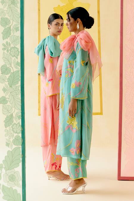 Buy_I Am Design_Mint Silk Organza Applique, Embroidery Round Neck Suit Set With Colorful Work 