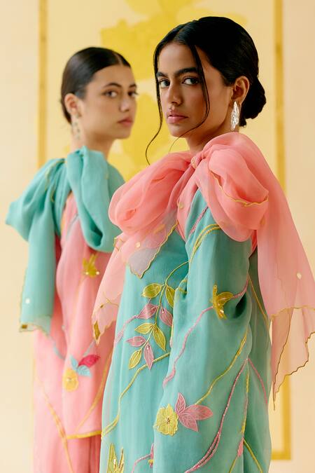 Shop_I Am Design_Mint Silk Organza Applique, Embroidery Round Neck Suit Set With Colorful Work 