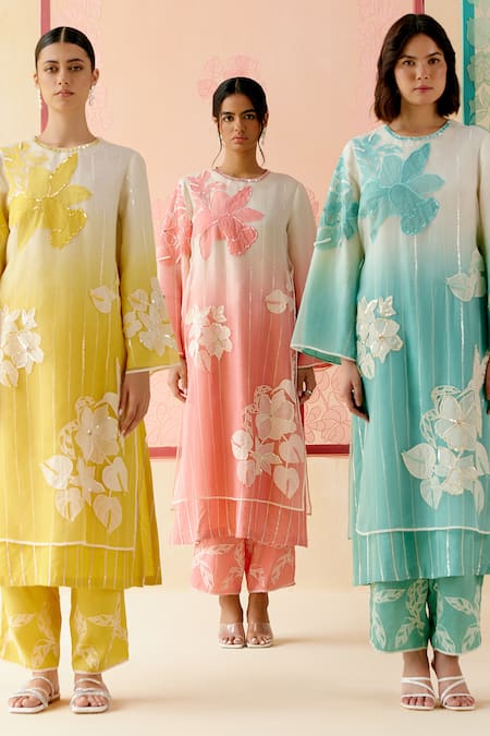 Shop_I Am Design_Mustard Silk Organza Applique, Sequins, Embroidery Round Neck Ombre Suit Set 