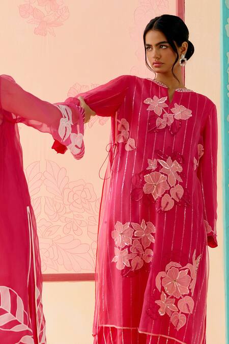 Shop_I Am Design_Pink Silk Organza Applique, Embroidery Round Neck Hot Suit Set With Mustard 
