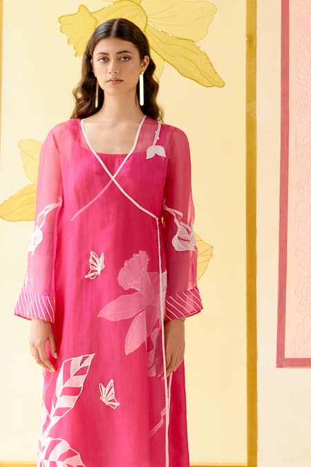 Buy_I Am Design_Pink Silk Organza Applique, Embroidery Square Neck Hot Angrakha Set With Work 