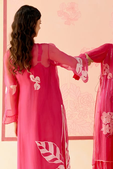 Shop_I Am Design_Pink Silk Organza Applique, Embroidery Square Neck Hot Angrakha Set With Work 