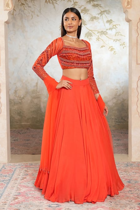 Libas Cafe by Nidhi & Ashish Orange Crepe, Net Embroidery, Beads, Sequins Square Neck Hand And Lehenga Set 