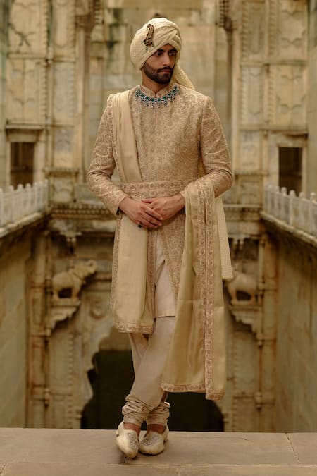 Nitika Gujral Gold Silk, Tissue, Cotton Beads, Zari, Stones, Embroidery Tonal Sherwani Set