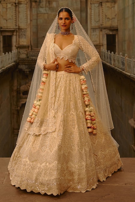 Nitika Gujral Ivory Net Embroidery, Sequins, Crystals, Pearls, Embellished Bridal Lehenga Set