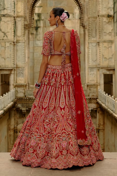 Nitika Gujral_Red Silk, Net Embroidery, Pearls, Raw Multi Resham Bridal Lehenga Set _Online_at_Aza_Fashions