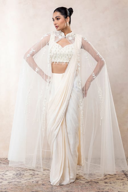 Buy_Libas Cafe by Nidhi & Ashish_Ivory Crepe Pearls, Beads, Embroidery High Neck, Hand Work Cape Saree Set _Online_at_Aza_Fashions