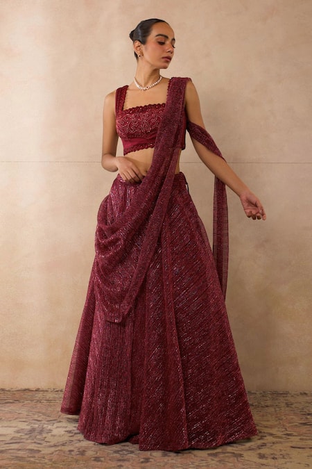 Libas Cafe by Nidhi & Ashish Maroon Mesh, Lycra, Crepe Embroidery, Sequins, Zari Hand Draped Lehenga Set