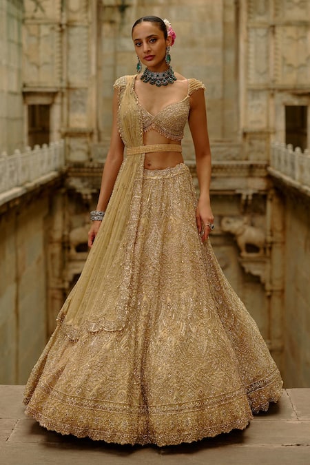 Nitika Gujral Gold Net Crystals, Beads, Sequins, Embroidery Sweetheart Neck Bridal Lehenga Set