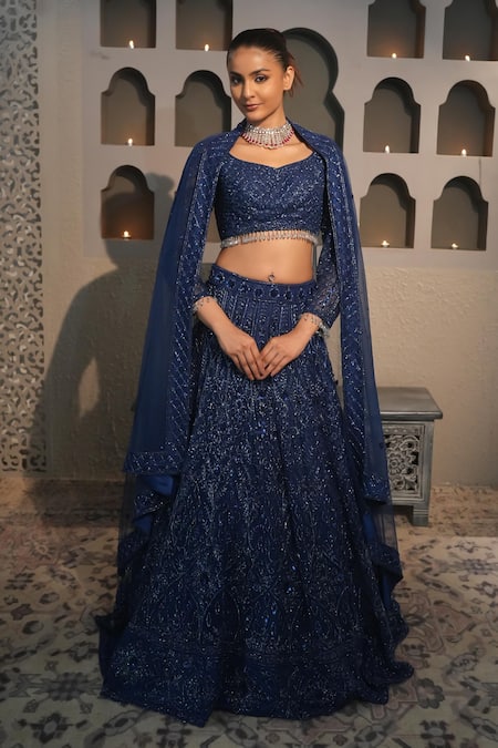 Libas Cafe by Nidhi & Ashish Navy Net Embroidery, Sequins, Stones V-neck Hand Lehenga Set 