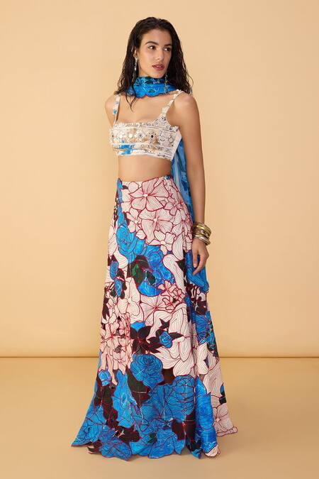 Shop Saaksha & Kinni Blue Crepe, Cotton Embroidery, Cut Work, Applique Sachi Rose Print Lehenga Online at Aza Fashions Shop_Saaksha & Kinni_Blue Crepe, Cotton Embroidery, Cut Work, Applique Sachi Rose Print Lehenga _Online_at_Aza_Fashions