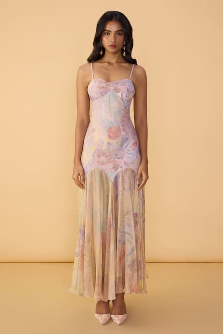 Shop_Saaksha & Kinni_Pink Lycra, Chiffon Sweetheart Neck Daisy Aria Printed Dress _Online_at_Aza_Fashions