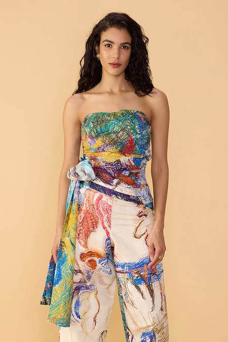 Buy_Saaksha & Kinni_Multi Color Cotton, Silk Bows Bandeau Neck Scribble Dense Amina Printed Blouse _Online_at_Aza_Fashions