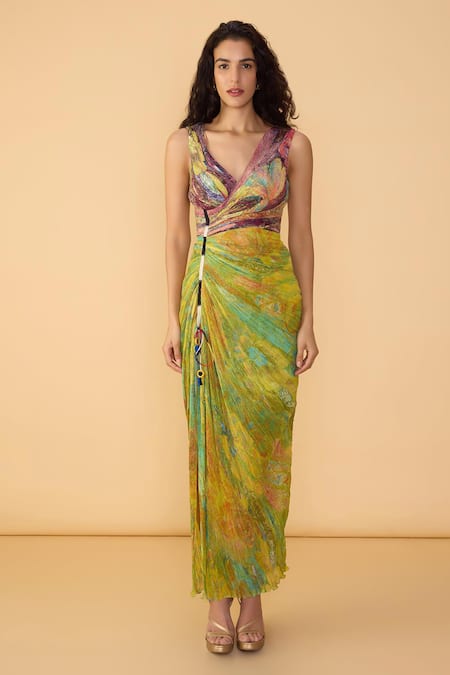 Buy_Saaksha & Kinni_Yellow Chiffon Mirrors, Tassels, Embroidery Floroscent Daisy Anya Printed Dress _Online_at_Aza_Fashions