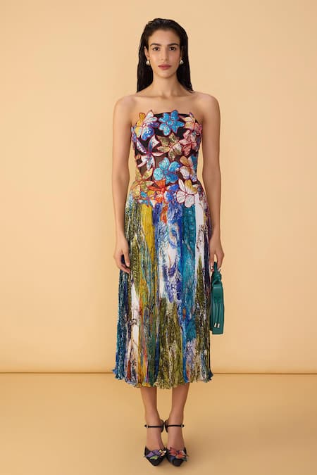 Saaksha & Kinni Multi Color Chiffon, Net Applique, Embroidery Bandeau Scribble Dense Elita Dress Online at Aza Fashions Saaksha & Kinni_Multi Color Chiffon, Net Applique, Embroidery Bandeau Scribble Dense Elita Dress _Online_at_Aza_Fashions