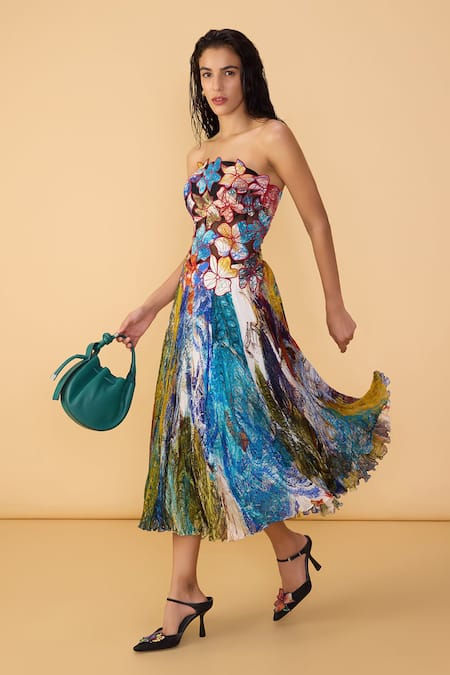 Saaksha & Kinni Multi Color Chiffon, Net Applique, Embroidery Bandeau Scribble Dense Elita Dress at Aza Fashions Saaksha & Kinni_Multi Color Chiffon, Net Applique, Embroidery Bandeau Scribble Dense Elita Dress _at_Aza_Fashions