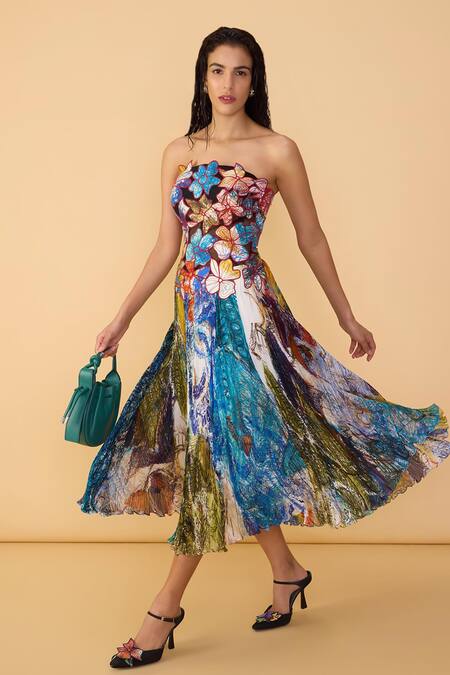 Shop Saaksha & Kinni Multi Color Chiffon, Net Applique, Embroidery Bandeau Scribble Dense Elita Dress Shop_Saaksha & Kinni_Multi Color Chiffon, Net Applique, Embroidery Bandeau Scribble Dense Elita Dress