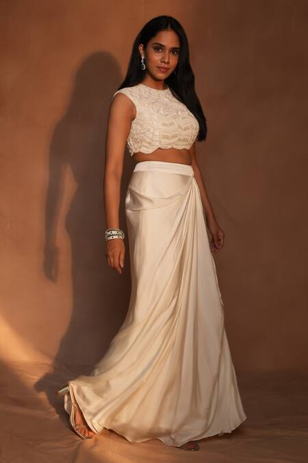 Buy_Ashutosh Joshi_Ivory Net, Bemberg, Satin Beads, Embroidery Round Abstract Bustier And Skirt Set _Online_at_Aza_Fashions