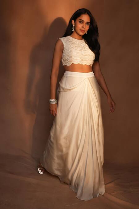 Shop_Ashutosh Joshi_Ivory Net, Bemberg, Satin Beads, Embroidery Round Abstract Bustier And Skirt Set _Online_at_Aza_Fashions