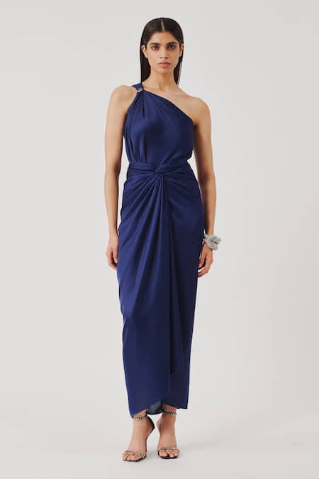 Aroka Navy Modal, Satin One Shoulder Blue Deep Water Drape Sarong Dress 