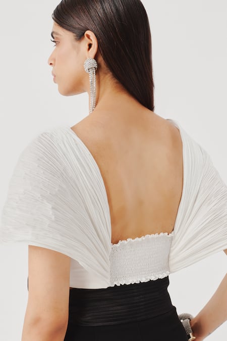 Aroka_White Poplin V-neck Eden Pleated Crop Top _Online_at_Aza_Fashions