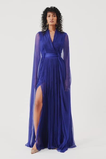 Aroka Blue Modal, Chiffon V-neck Maya Vegan Maxi Dress 