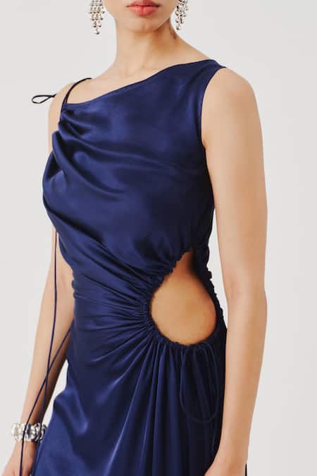 Buy_Aroka_Navy Modal, Satin Asymmetric Selene Cut Out Dress _Online_at_Aza_Fashions