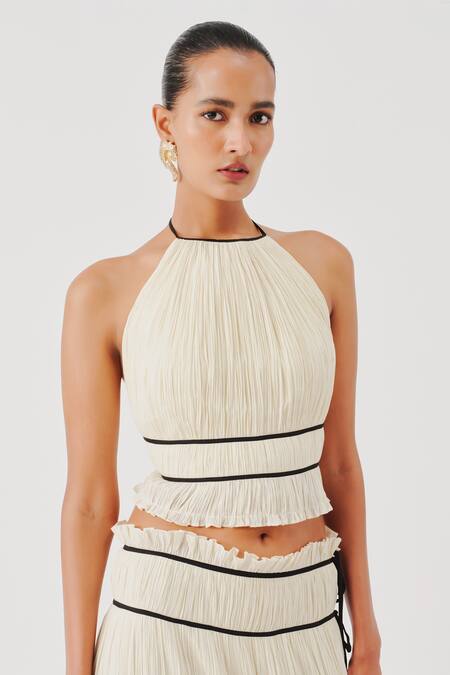 Aroka_Off White Muslin Halter Neck Amour Ruched Top _Online_at_Aza_Fashions