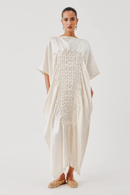 Aroka White Vegan Mashru Straight Coral Dress