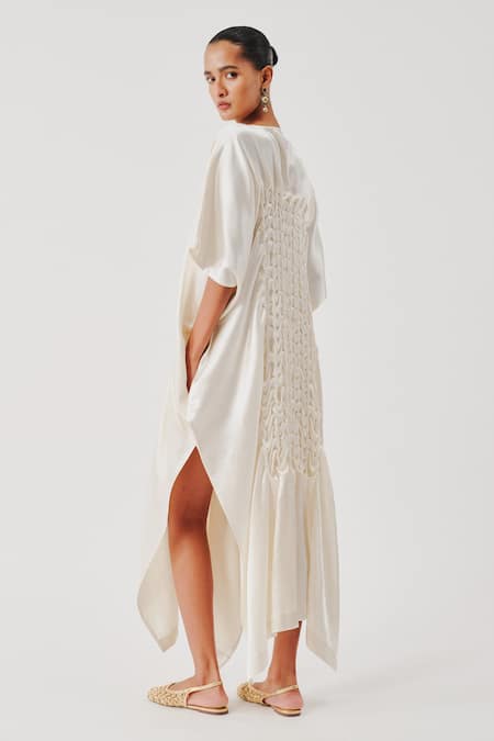 Shop Aroka White Vegan Mashru Straight Coral Dress at Aza Fashions Shop_Aroka_White Vegan Mashru Straight Coral Dress _at_Aza_Fashions