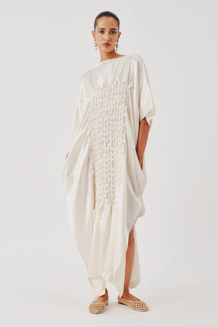 Aroka White Vegan Mashru Straight Coral Dress Online at Aza Fashions Aroka_White Vegan Mashru Straight Coral Dress _Online_at_Aza_Fashions