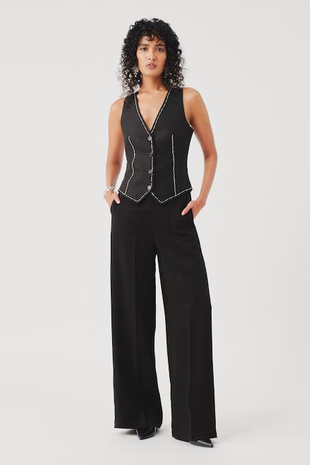 Aroka Black Linen Kantha V Neck Bearer Waistcoat 