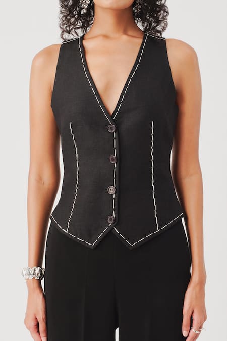 Aroka_Black Linen Kantha V Neck Bearer Waistcoat _Online_at_Aza_Fashions