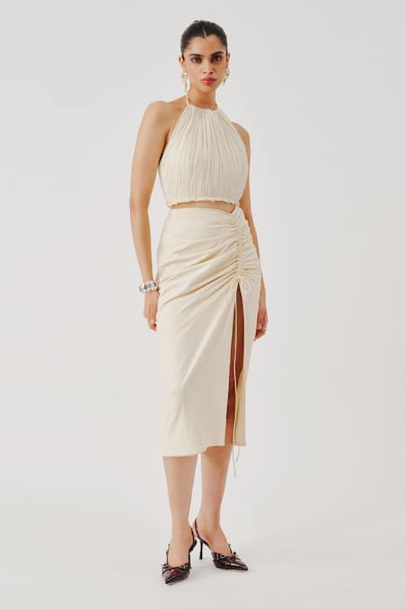 Aroka White Ruched Muslin Plain Halter Neck Lucid Top 